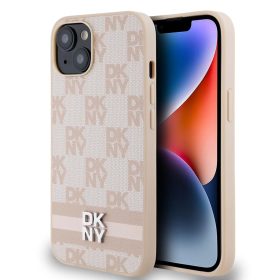  DKNY PU bőr Checkered Pattern and Stripe tok iPhone 14 készülékhez rózsaszín