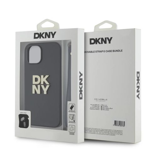 DKNY PU Leather Stack Logo Wrist Strap tok iPhone 14 készülékhez fekete
